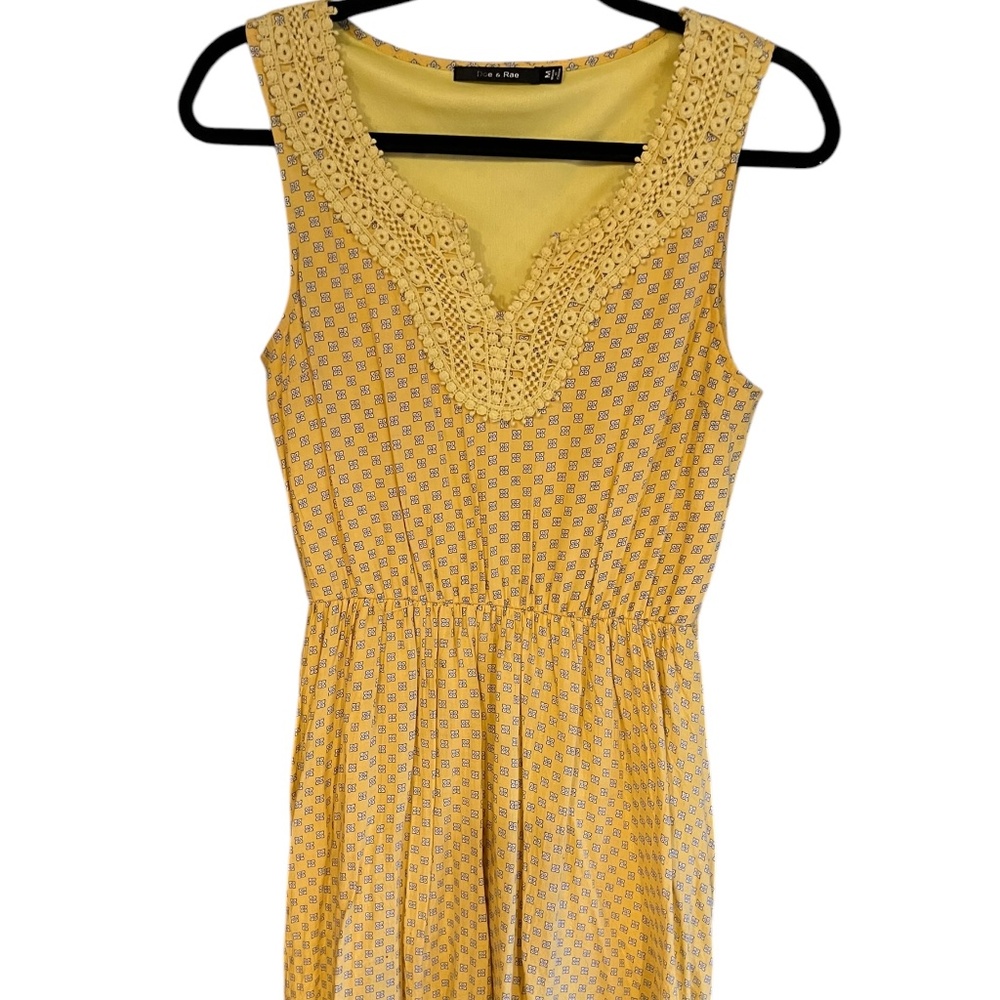 DOE&RAE Gold Yellow Tiny Flower Sundress Crochet accents at neckline Fully Lined